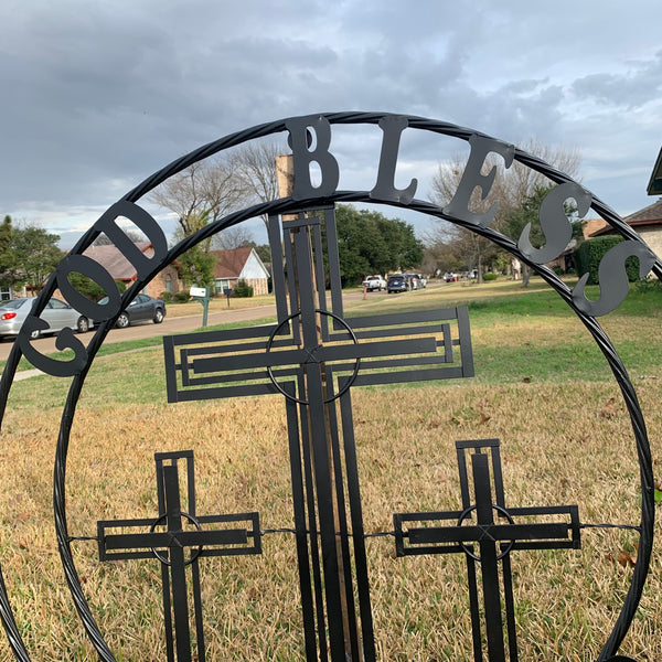 40"GOD BLESS OUR RIDERS CRUCIFIX BLACK CROSS METAL WALL ART HANDMADE
