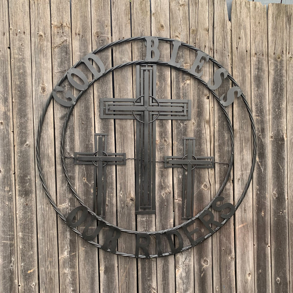 40"GOD BLESS OUR RIDERS CRUCIFIX BLACK CROSS METAL WALL ART HANDMADE