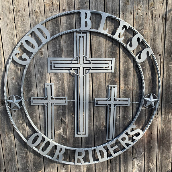 40"GOD BLESS OUR RIDERS CRUCIFIX GREY CROSS METAL WALL ART HANDMADE