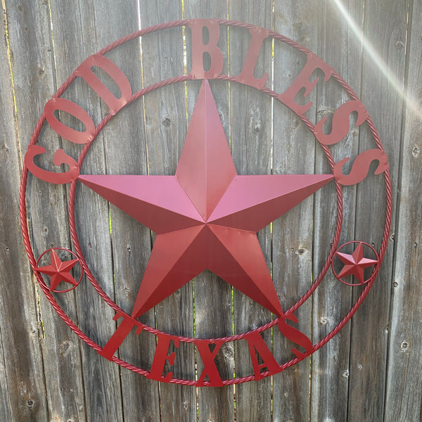 24",32",40",50" BURGUNDY RED GOD BLESS TEXAS BARN STAR ROPE RING METAL WALL ART WESTERN HOME DECOR NEW