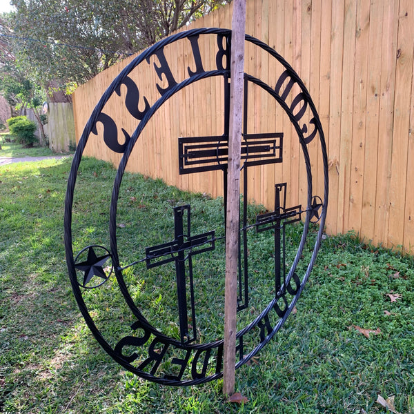 40"GOD BLESS OUR RIDERS CRUCIFIX GREY CROSS METAL WALL ART HANDMADE