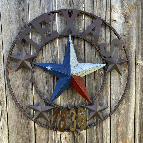 16", 24", 32", 34", 40" TEXAS 1836 LICENSE PLATE FLAG BARN STAR METAL WALL WESTERN HOME DECOR RED WHITE BLUE ART