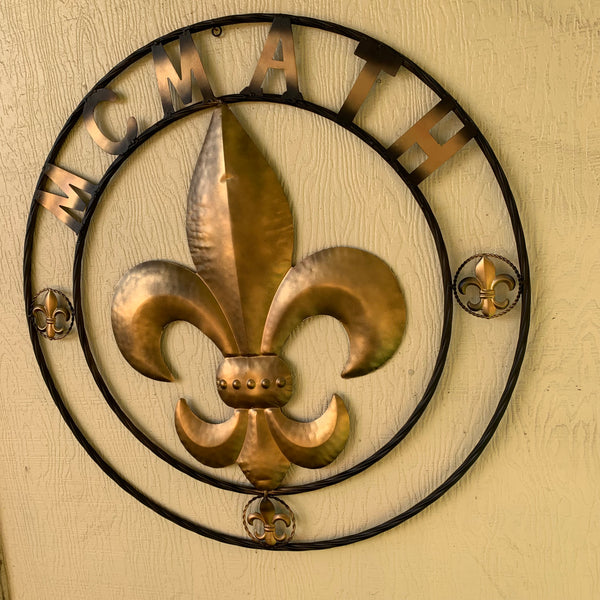 FORD STYLE YOUR CUSTOM NAME FLEUR DE LIS METAL TWISTED ROPE RING SIGN WALL ART WESTERN HOME DECOR HANDMADE 24", 32", 36"