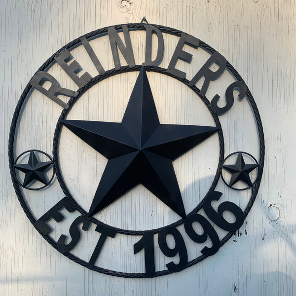 VALLES STYLE YOUR CUSTOM NAME STAR BLACK METAL BARN STAR 3d TWISTED ROPE RING WESTERN HOME DECOR VINTAGE BRONZE RUSTIC NEW HANDMADE 24",32",34",36",40",42",44",46",50"