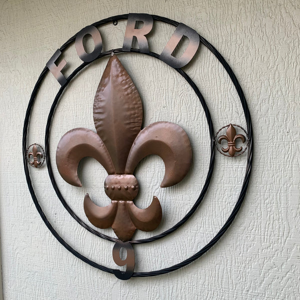 FORD STYLE YOUR CUSTOM NAME FLEUR DE LIS METAL TWISTED ROPE RING SIGN WALL ART WESTERN HOME DECOR HANDMADE 24", 32", 36"