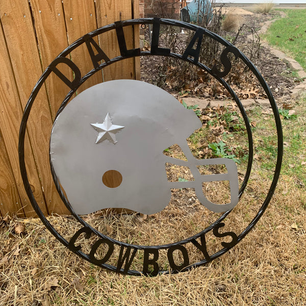 24", 32",36" DALLAS COWBOYS HELMET SIGN SILVER & BLACK CUSTOM METAL VINTAGE CRAFT TEAM SIGN HANDMADE