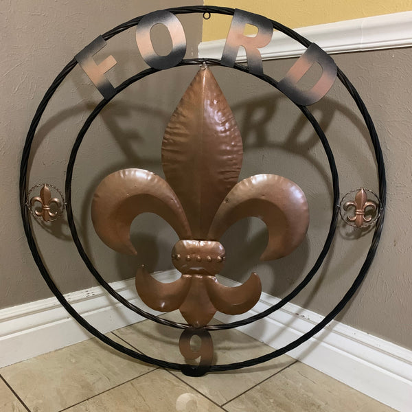 FORD STYLE YOUR CUSTOM NAME FLEUR DE LIS METAL TWISTED ROPE RING SIGN WALL ART WESTERN HOME DECOR HANDMADE 24", 32", 36"