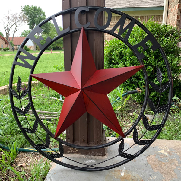 24" WELCOME LEAF LEAVES STAR METAL WALL ART WESTERN HOME DECOR RUSTIC RED HANDMADE