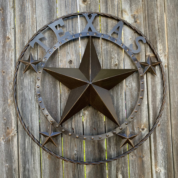 TEXAS BEADED BARN STAR WITH TWISTED ROPE RING DESIGN METAL WALL ART WESTERN HOME DECOR VINTAGE RUSTIC BRONZE ART
