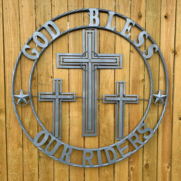 40"GOD BLESS OUR RIDERS CRUCIFIX GREY CROSS METAL WALL ART HANDMADE