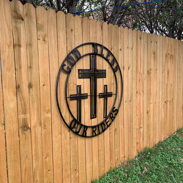 40"GOD BLESS OUR RIDERS CRUCIFIX BLACK CROSS METAL WALL ART HANDMADE