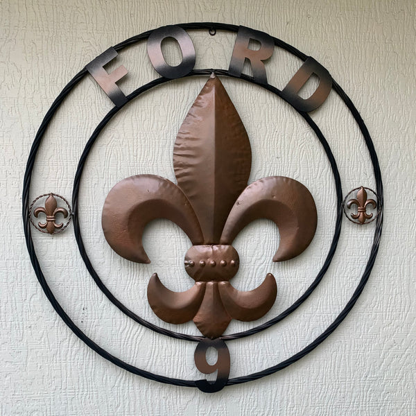 FORD STYLE YOUR CUSTOM NAME FLEUR DE LIS METAL TWISTED ROPE RING SIGN WALL ART WESTERN HOME DECOR HANDMADE 24", 32", 36"