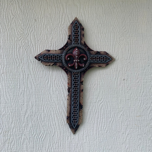 P&G FLEUR DE LIS STONE CROSS WESTERN HOME DECOR NEW ART--FREE SHIPPING
