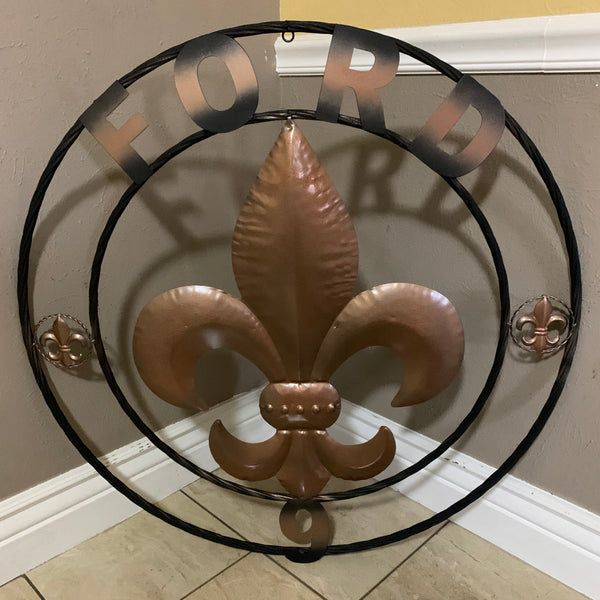 FORD STYLE YOUR CUSTOM NAME FLEUR DE LIS METAL TWISTED ROPE RING SIGN WALL ART WESTERN HOME DECOR HANDMADE 24", 32", 36"