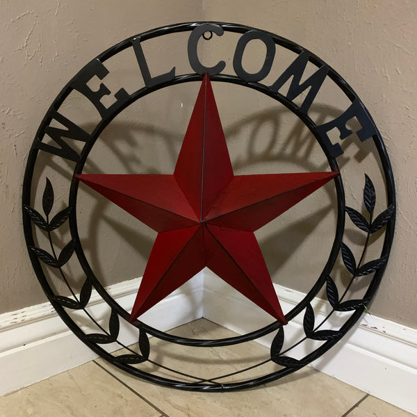 24" WELCOME LEAF LEAVES STAR METAL WALL ART WESTERN HOME DECOR RUSTIC RED HANDMADE