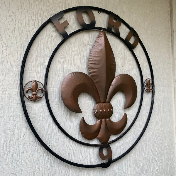 FORD STYLE YOUR CUSTOM NAME FLEUR DE LIS METAL TWISTED ROPE RING SIGN WALL ART WESTERN HOME DECOR HANDMADE 24", 32", 36"