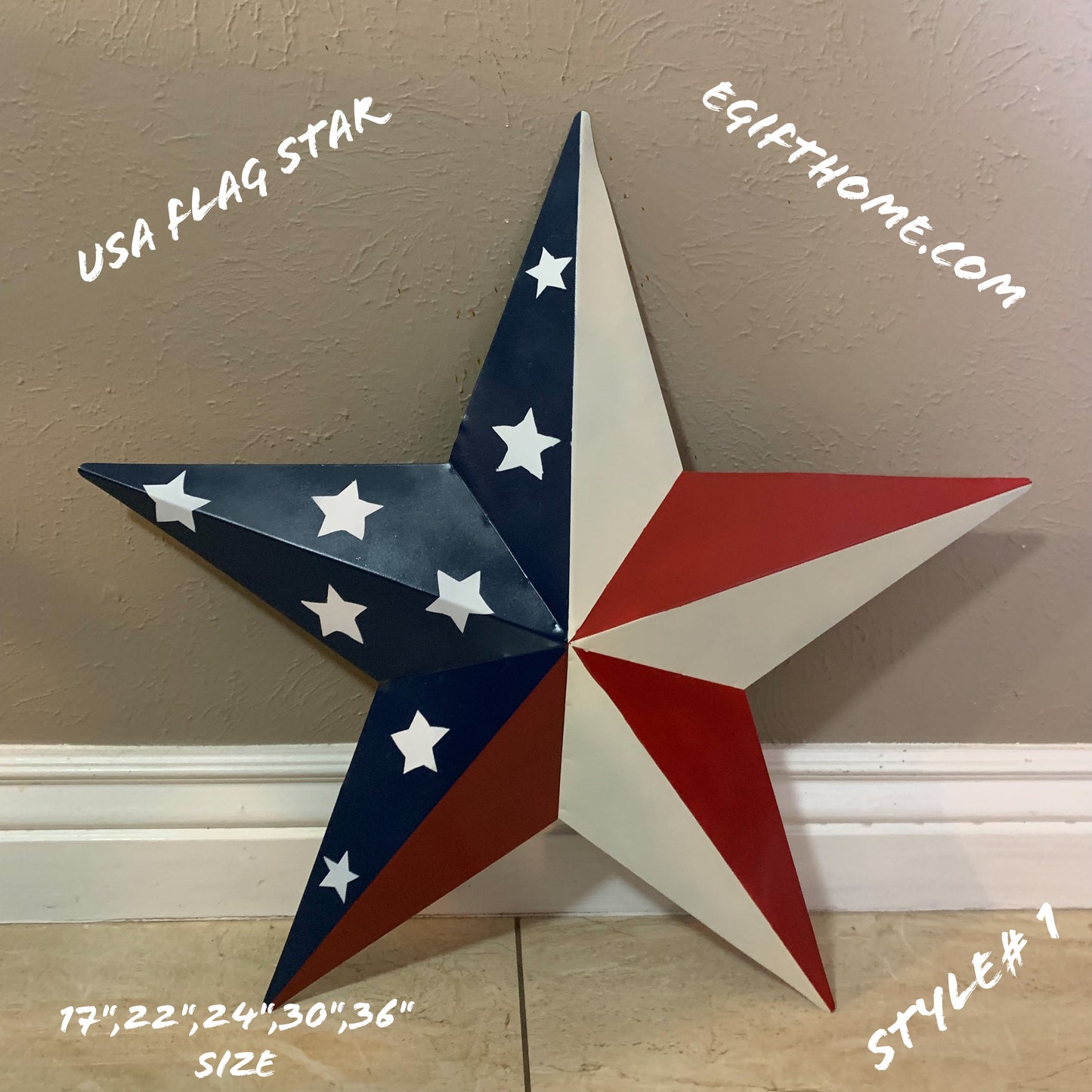 12",16",24",30",36" USA AMERICAN FLAG STAR STYLE #1 RED WHITE & BLUE METAL BARN STAR WALL ART HANDMADE STYLE# 1
