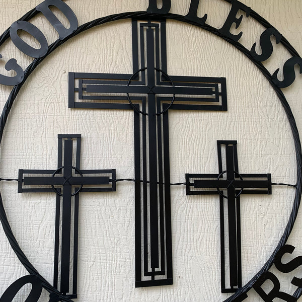 40"GOD BLESS OUR RIDERS CRUCIFIX BLACK CROSS METAL WALL ART HANDMADE