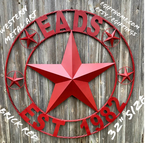EADS STYLE YOUR CUSTOM STAR METAL NAME BRICK RED CUSTOM 3d STAR METAL NAME BARN STAR TWISTED ROPE RING DESIGN METAL WALL ART HOME DECOR ANY SIZE