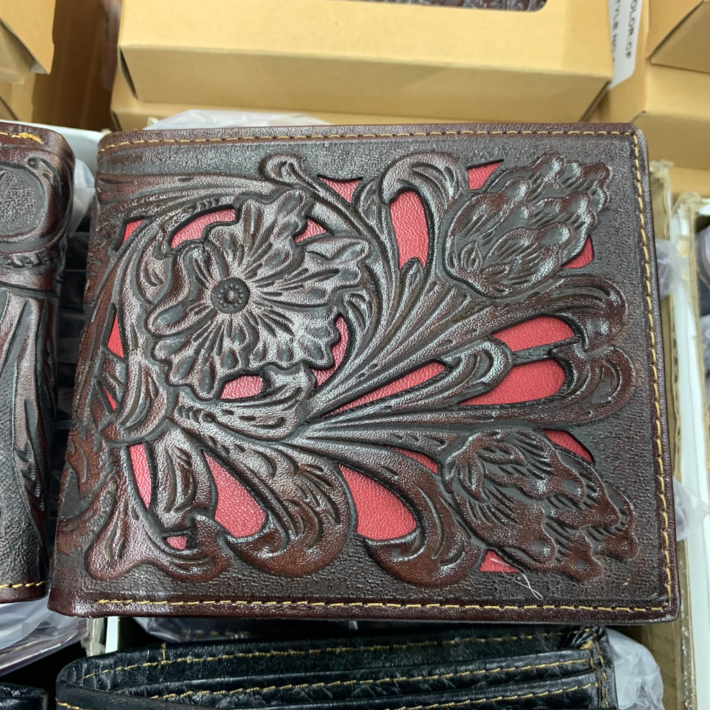 5" BROWN & RED MEN'S WALLET GENUINE LEATHER BIFOLD WESTERN STYLE WALLET NEW