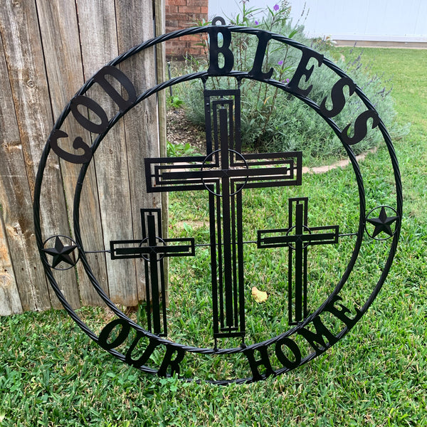 40"GOD BLESS OUR HOME CRUCIFIX CROSS METAL WALL ART BLACK HANDMADE NEW