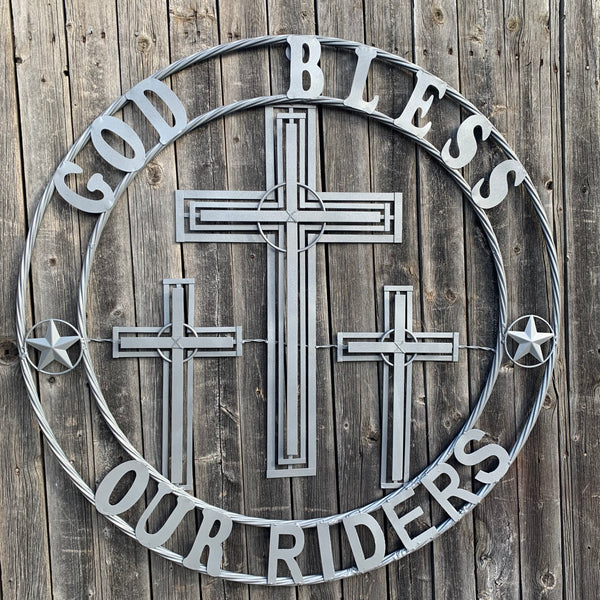 40"GOD BLESS OUR RIDERS CRUCIFIX GREY CROSS METAL WALL ART HANDMADE