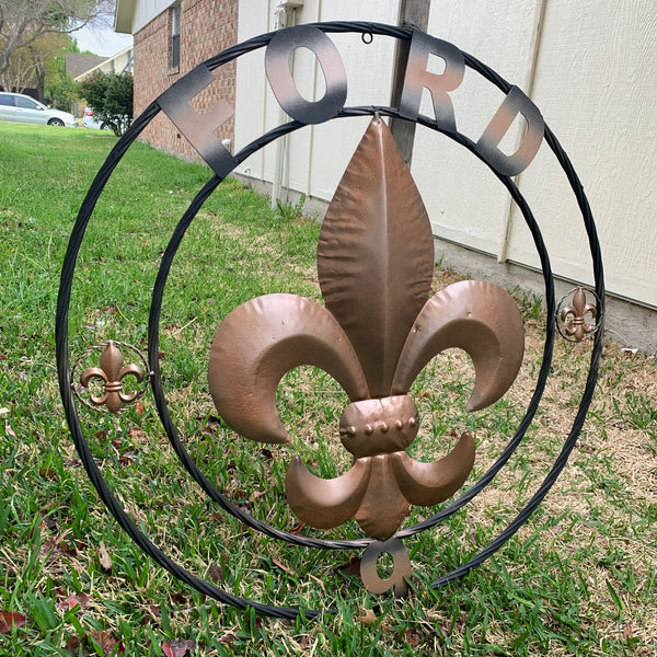 FORD STYLE YOUR CUSTOM NAME FLEUR DE LIS METAL TWISTED ROPE RING SIGN WALL ART WESTERN HOME DECOR HANDMADE 24", 32", 36"