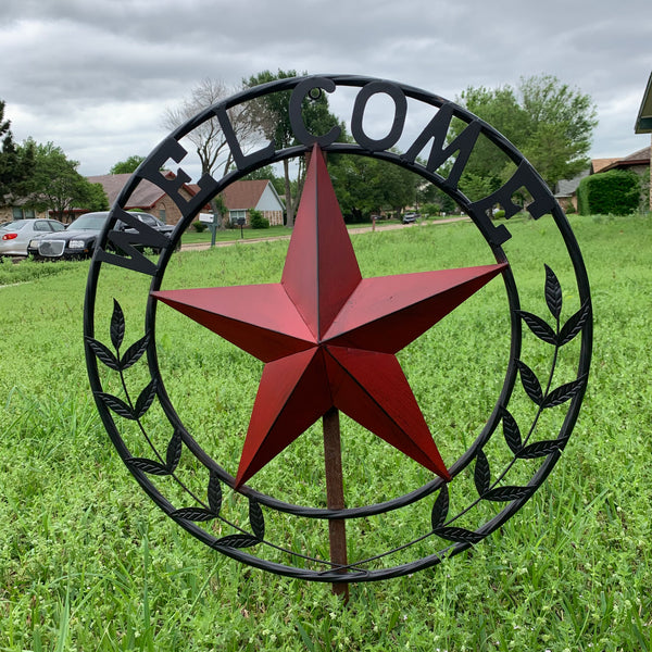 24" WELCOME LEAF LEAVES STAR METAL WALL ART WESTERN HOME DECOR RUSTIC RED HANDMADE