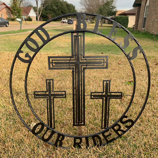 40"GOD BLESS OUR RIDERS CRUCIFIX BLACK CROSS METAL WALL ART HANDMADE