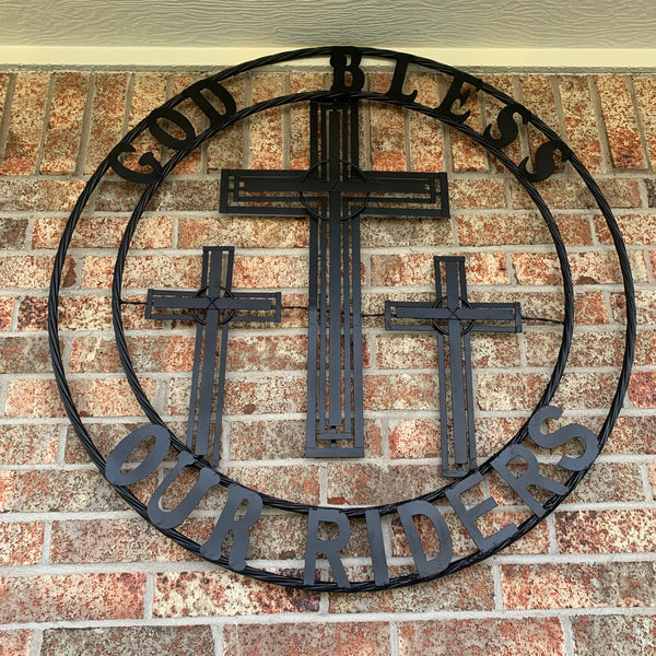40"GOD BLESS OUR RIDERS CRUCIFIX BLACK CROSS METAL WALL ART HANDMADE