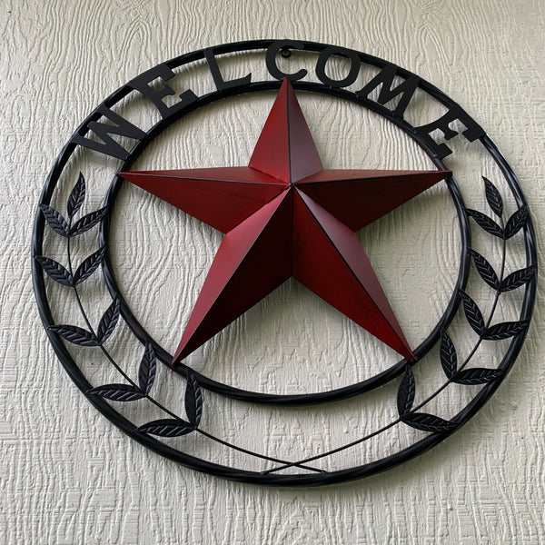 24" WELCOME LEAF LEAVES STAR METAL WALL ART WESTERN HOME DECOR RUSTIC RED HANDMADE