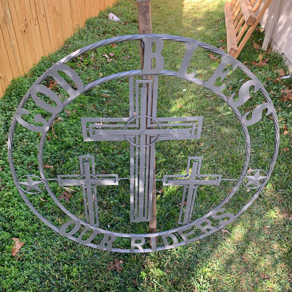 40"GOD BLESS OUR RIDERS CRUCIFIX GREY CROSS METAL WALL ART HANDMADE