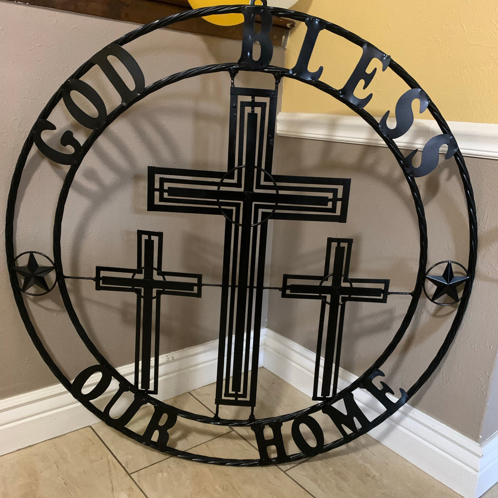 40"GOD BLESS OUR HOME CRUCIFIX CROSS METAL WALL ART BLACK HANDMADE NEW