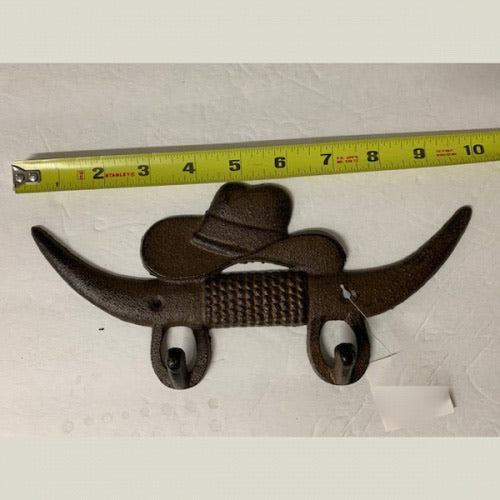 10" LONGHORN & HAT KEY HOLDER COAT HOOK CAST IRON WALL ART METAL WESTERN HOME DECOR NEW