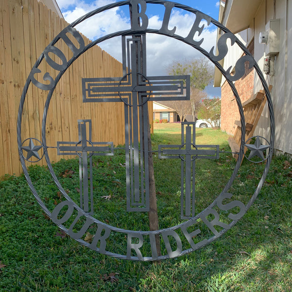 40"GOD BLESS OUR RIDERS CRUCIFIX GREY CROSS METAL WALL ART HANDMADE