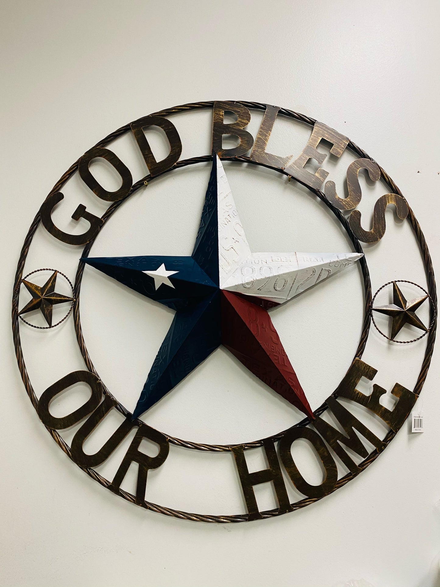 GOD BLESS OUR HOME LICENSE PLATE BARN METAL STAR ROPE RING WALL ART WESTERN HOME DECOR RED WHITE BLUE HANDMADE #EH12927