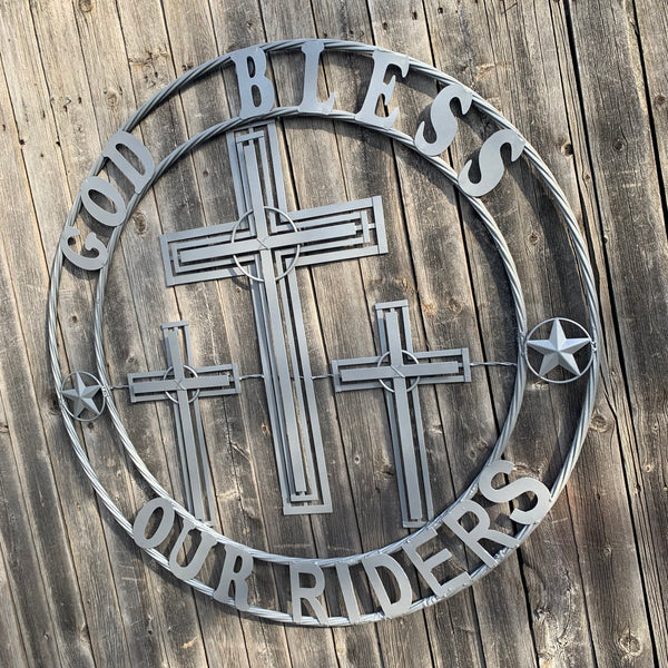40"GOD BLESS OUR RIDERS CRUCIFIX GREY CROSS METAL WALL ART HANDMADE