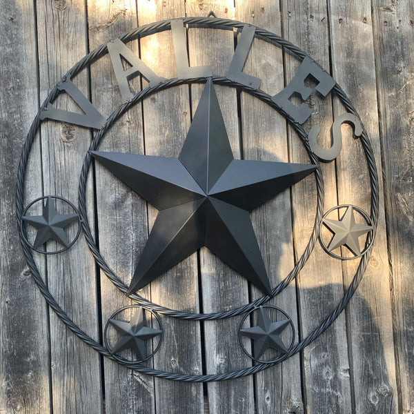 VALLES STYLE YOUR CUSTOM NAME STAR BLACK METAL BARN STAR 3d TWISTED ROPE RING WESTERN HOME DECOR VINTAGE BRONZE RUSTIC NEW HANDMADE 24",32",34",36",40",42",44",46",50"