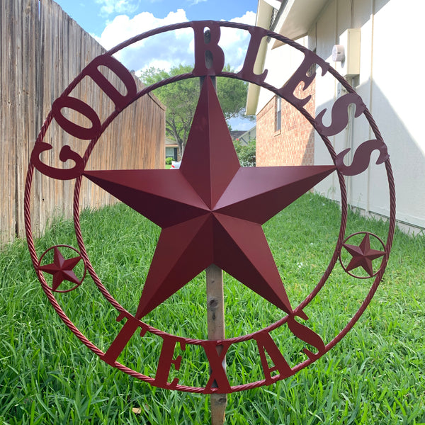 24",32",40",50" BURGUNDY RED GOD BLESS TEXAS BARN STAR ROPE RING METAL WALL ART WESTERN HOME DECOR NEW