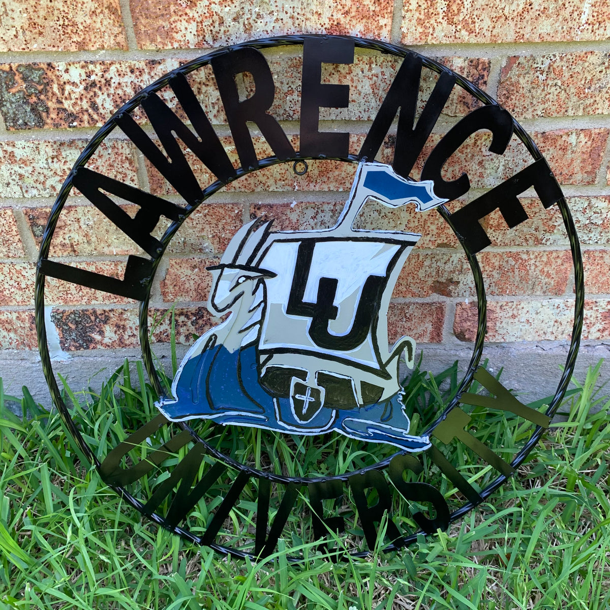 LAWRENCE UNIVERSITY METAL CUSTOM VINTAGE CRAFT WALL ART RUSTIC BLUE SILVER WHITE TEAM SIGN HANDMADE