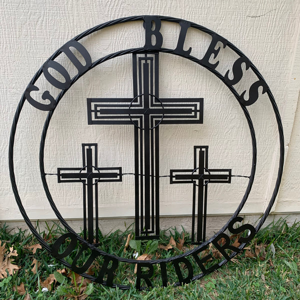 40"GOD BLESS OUR RIDERS CRUCIFIX BLACK CROSS METAL WALL ART HANDMADE