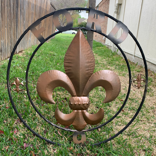 FORD STYLE YOUR CUSTOM NAME FLEUR DE LIS METAL TWISTED ROPE RING SIGN WALL ART WESTERN HOME DECOR HANDMADE 24", 32", 36"