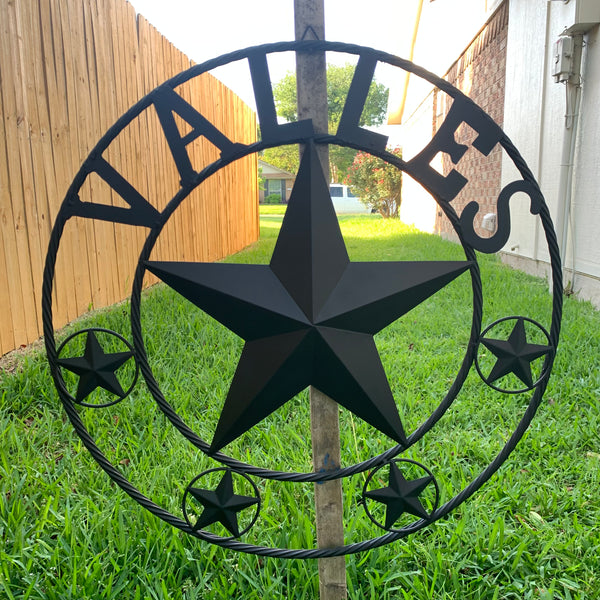 VALLES STYLE YOUR CUSTOM NAME STAR BLACK METAL BARN STAR 3d TWISTED ROPE RING WESTERN HOME DECOR VINTAGE BRONZE RUSTIC NEW HANDMADE 24",32",34",36",40",42",44",46",50"