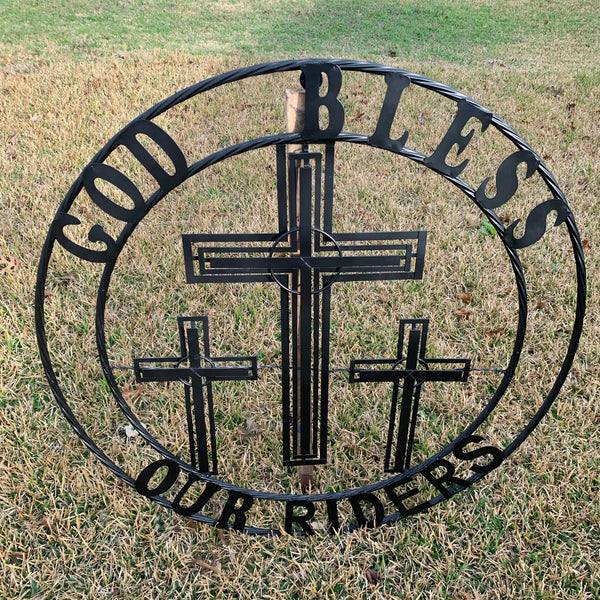 40"GOD BLESS OUR RIDERS CRUCIFIX BLACK CROSS METAL WALL ART HANDMADE