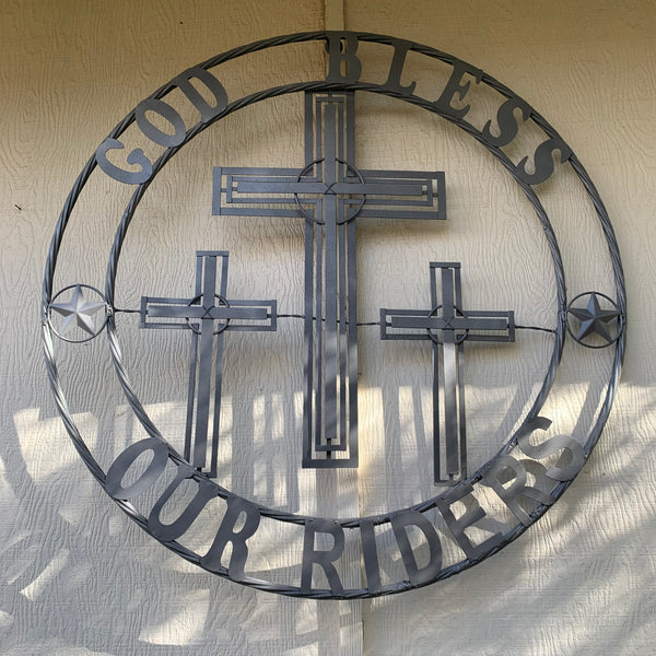 40"GOD BLESS OUR RIDERS CRUCIFIX GREY CROSS METAL WALL ART HANDMADE
