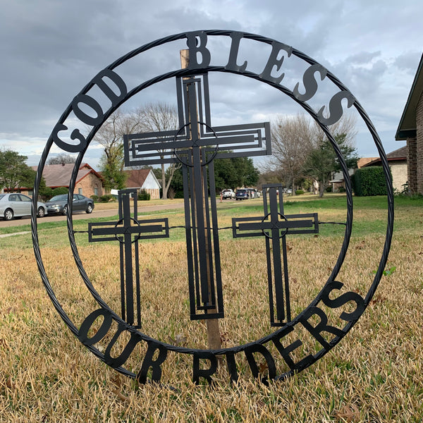 40"GOD BLESS OUR RIDERS CRUCIFIX BLACK CROSS METAL WALL ART HANDMADE