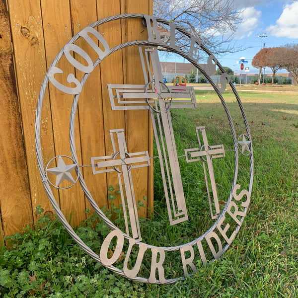 40"GOD BLESS OUR RIDERS CRUCIFIX GREY CROSS METAL WALL ART HANDMADE