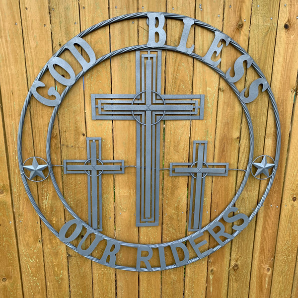40"GOD BLESS OUR RIDERS CRUCIFIX GREY CROSS METAL WALL ART HANDMADE