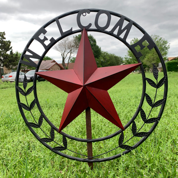 24" WELCOME LEAF LEAVES STAR METAL WALL ART WESTERN HOME DECOR RUSTIC RED HANDMADE