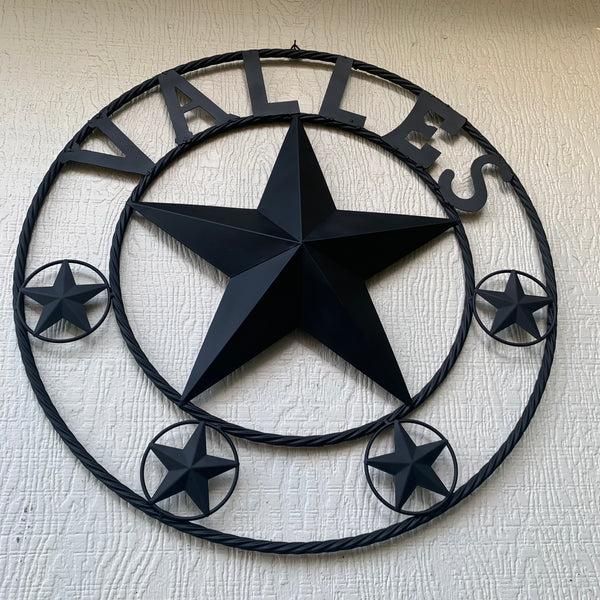 VALLES STYLE YOUR CUSTOM NAME STAR BLACK METAL BARN STAR 3d TWISTED ROPE RING WESTERN HOME DECOR VINTAGE BRONZE RUSTIC NEW HANDMADE 24",32",34",36",40",42",44",46",50"